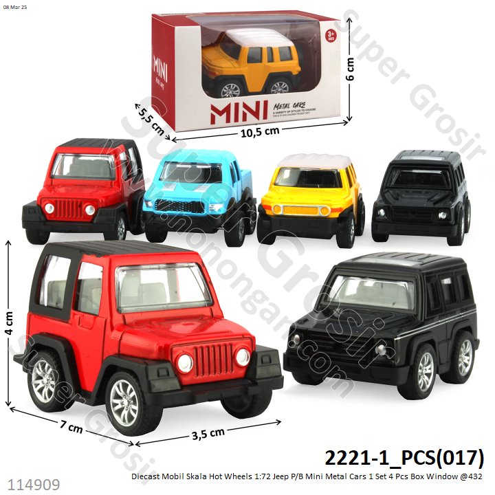 Diecast Mobil Skala Hot Wheels 1:72 Jeep P/B Mini Metal Cars 1 Set 4 Pcs Box Window @432