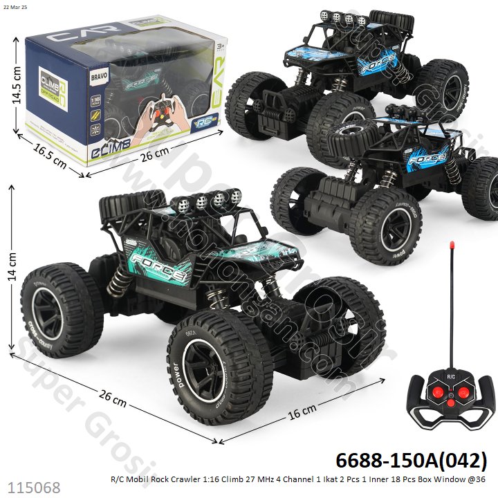 R/C Mobil Rock Crawler 1:16 Climb 27 MHz 4 Channel 1 Ikat 2 Pcs 1 Inner 18 Pcs Box Window @36