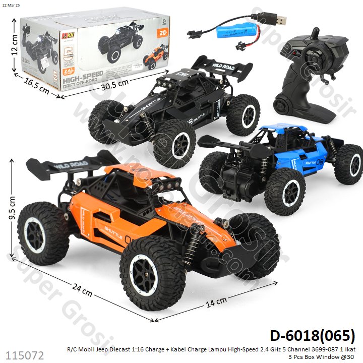 R/C Mobil Jeep Diecast 1:16 Charge + Kabel Charge Lampu High-Speed 2.4 GHz 5 Channel 3699-087 1 Ikat 3 Pcs Box Window @30
