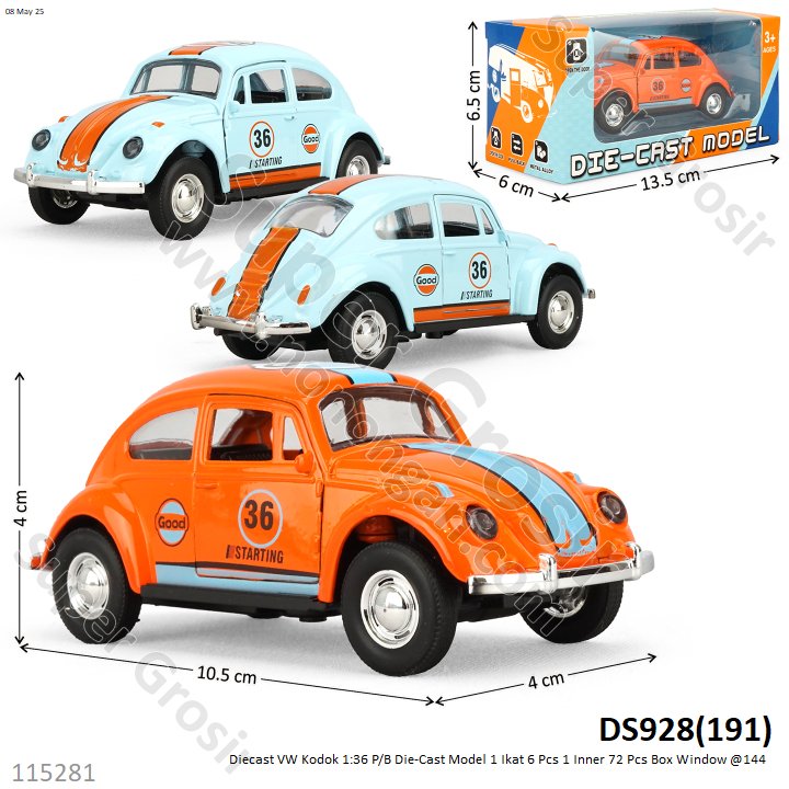Diecast VW Kodok 1:36 P/B Die-Cast Model 1 Ikat 4 Pcs 1 Inner 72 Pcs Box Window @144