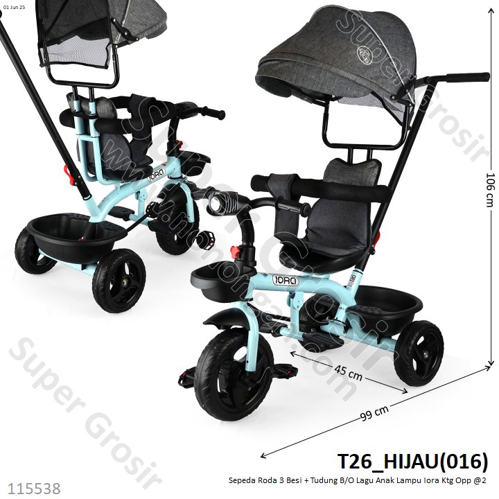 Tunggangan Sepeda Roda 3 Besi + Tudung dan Dorongan B/O Lagu Anak Lampu Iora Ktg Opp @2