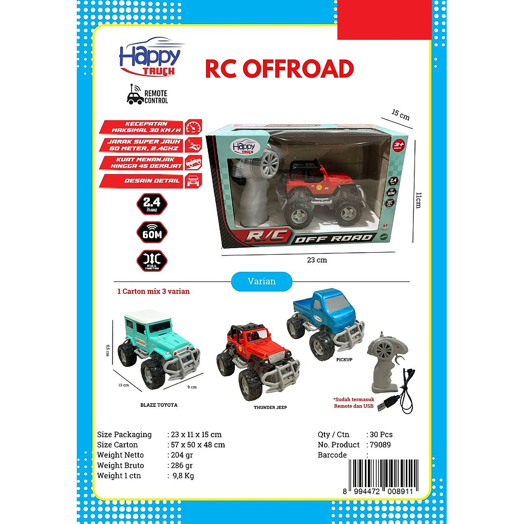R/C Mobil Charge + Kabel Charger Lampu Off Road 2.4 GHz 4 Channel 1 Ikat 3 Pcs Box Window @30