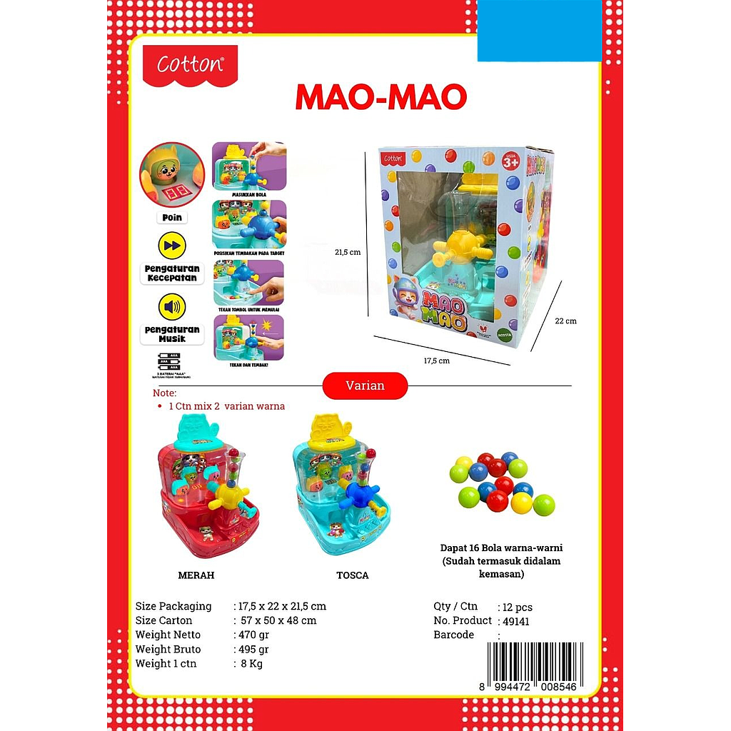 Game Toys Tembak Bola B/O Suara Musik Lampu Mao Mao Box Window @12