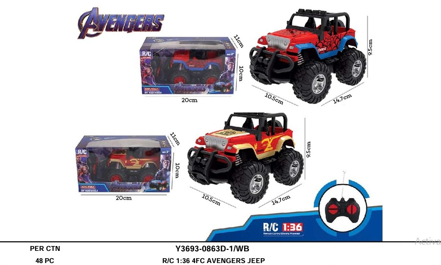 R/C Mobil Jeep Avengers 1:36 Lampu Off Road Vehicle 27 MHz 4 Channel 1 Ikat 2 Pcs Box Window @48