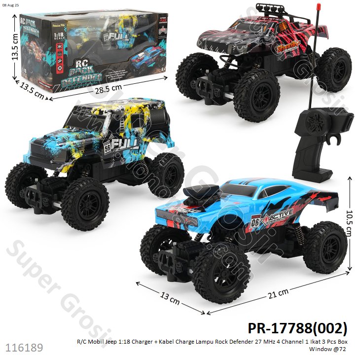 R/C Mobil Jeep 1:18 Charger + Kabel Charge Lampu Rock Defender 27 MHz 4 Channel 1 Ikat 3 Pcs Box Window @72