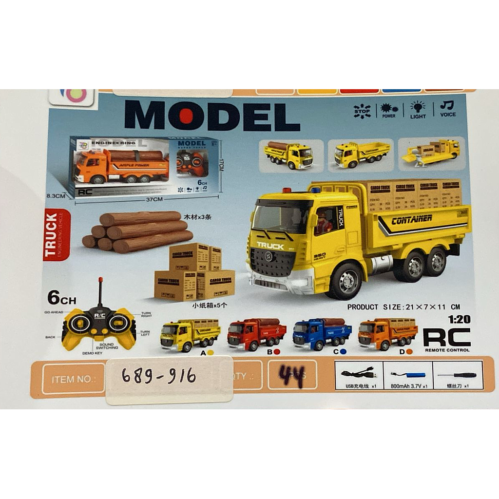 R/C Truk Muat 1:20 Charge + Kabel Charger Suara Sirine Lampu Model 49 MHz 6 Channel 689-916 1 Ikat 4 Pcs Box Window @44