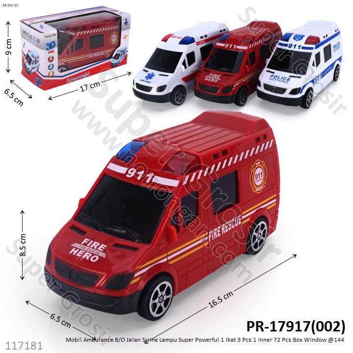 Mobil Ambulance B/O Jalan Sirine Lampu Super Powerful 1 Ikat 3 Pcs 1 Inner 72 Pcs Box Window @144