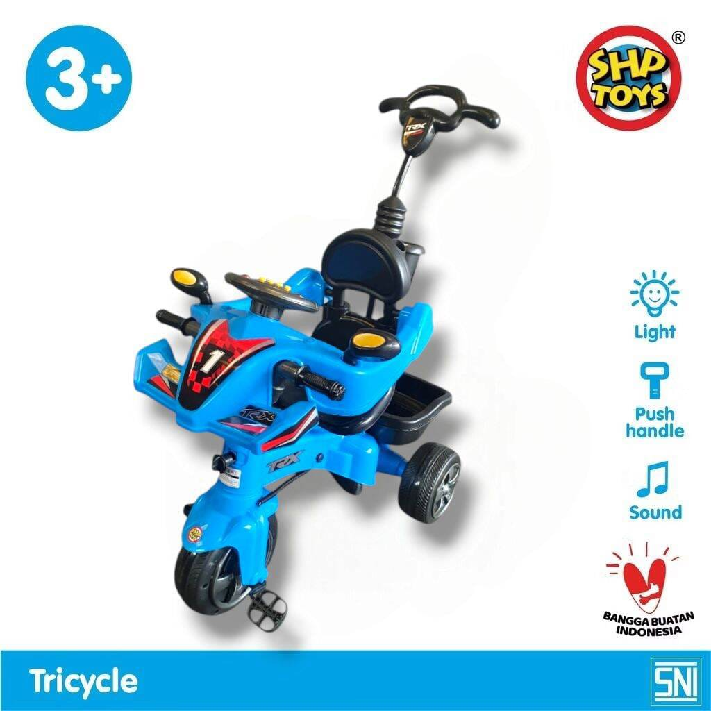 Tunggangan Sepeda Roda 3 Motor Setir Mobil + Dorongan B/O Suara Sirine Musik Lagu Anak Lampu TRX Biru Ktg Opp @4 