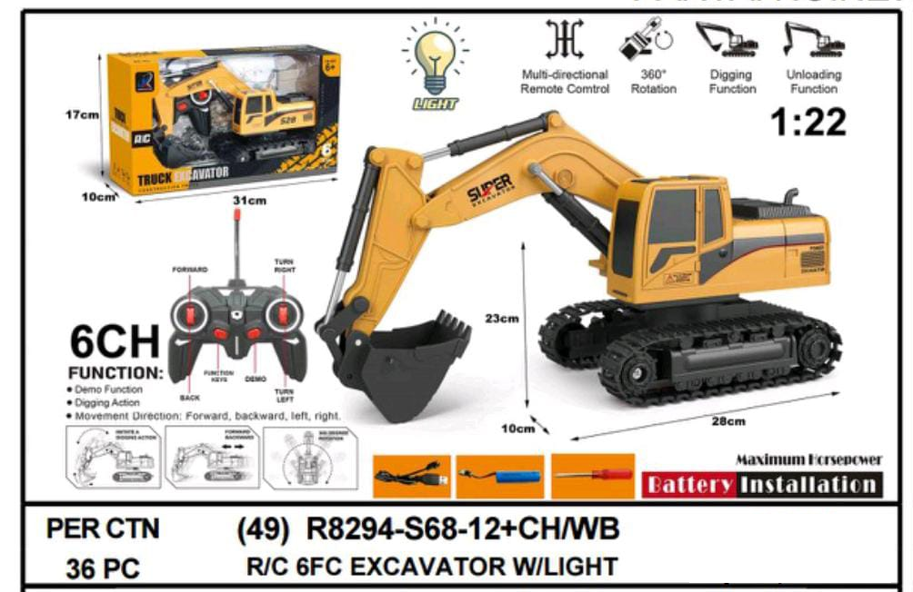 R/C Excavator 1:22 Charge + Kabel Charge Lampu Truck Excavator 27 MHz 6 Channel Box Window @36