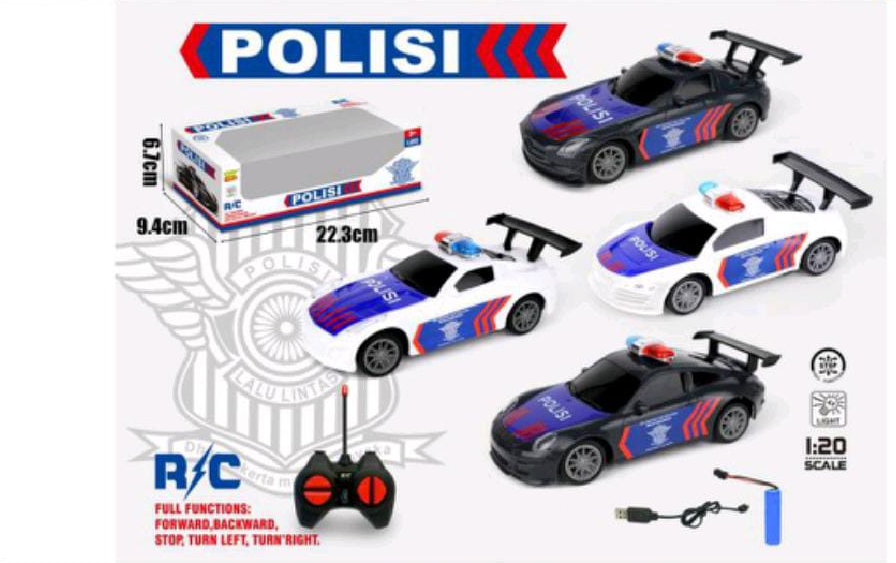 R/C Mobil Sedan Polisi 1:20 Charge + Kabel Charge Lampu Polisi 27 MHz 4 Channel 1 Ikat 4 Pcs Box Window @96