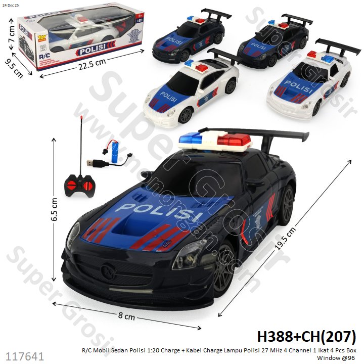R/C Mobil Sedan Polisi 1:20 Charge + Kabel Charge Lampu Polisi 27 MHz 4 Channel 1 Ikat 4 Pcs Box Window @96