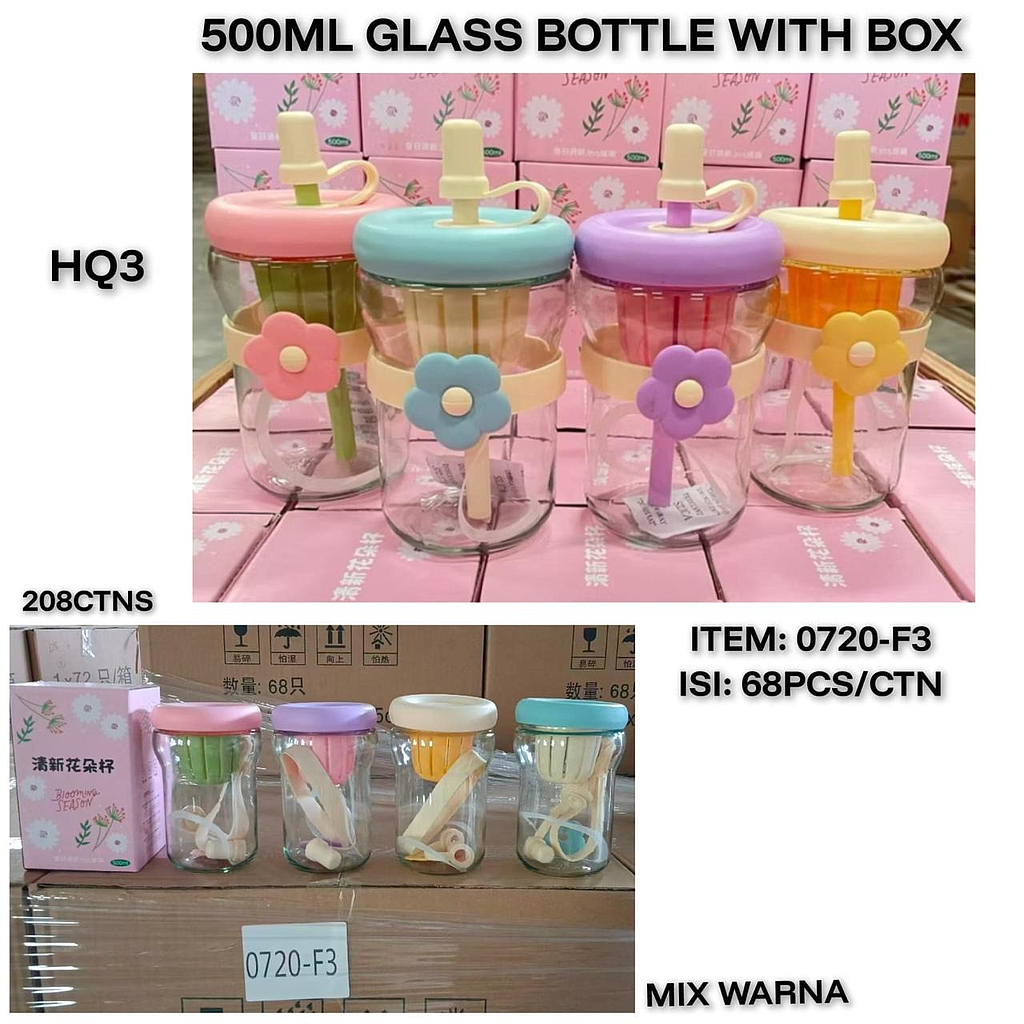 Gelas Minum Kaca 500 ml + Sedotan Blooming Season Box @68