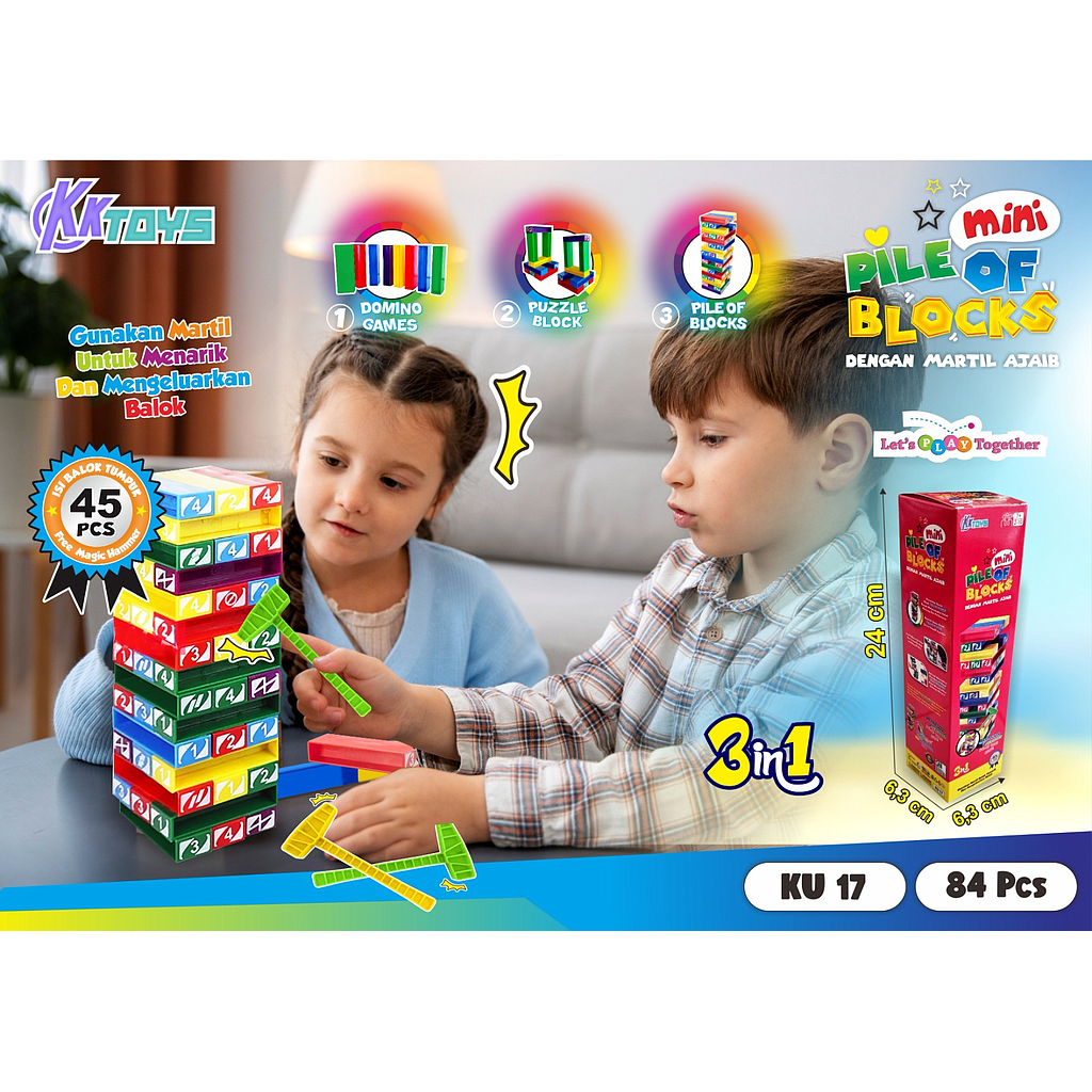 Uno Stacko 3 In 1 + Martil Pile of Blocks Box @84