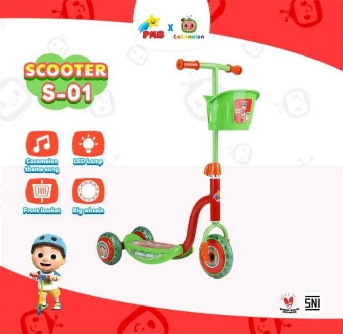 Scooter Roda 3 Merah B/O Lagu Cocomelon Lampu Iora Box @6