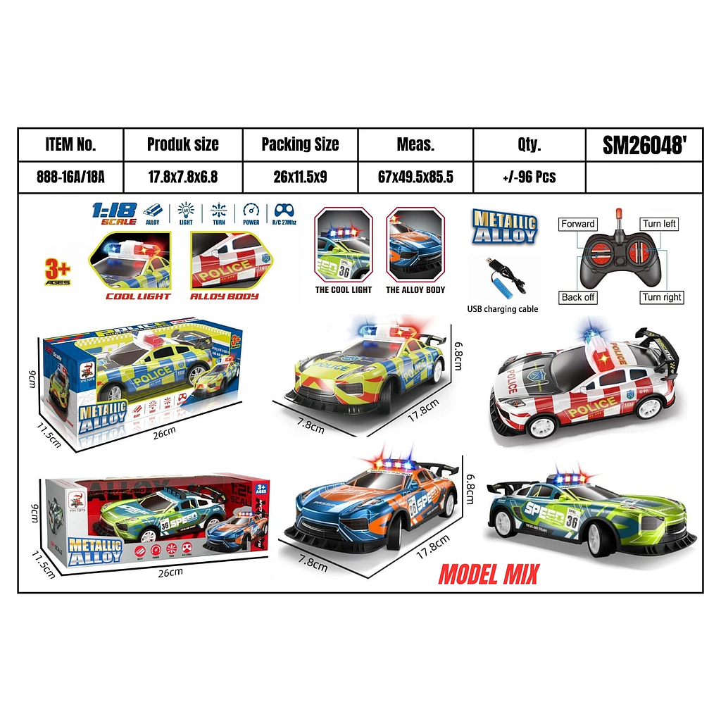 R/C Mobil Sedan 1:24 Charge + Kabel Charge Lampu Metallic Alloy 27 MHz 4 Channel 1 Ikat 4 Pcs Box Window @90