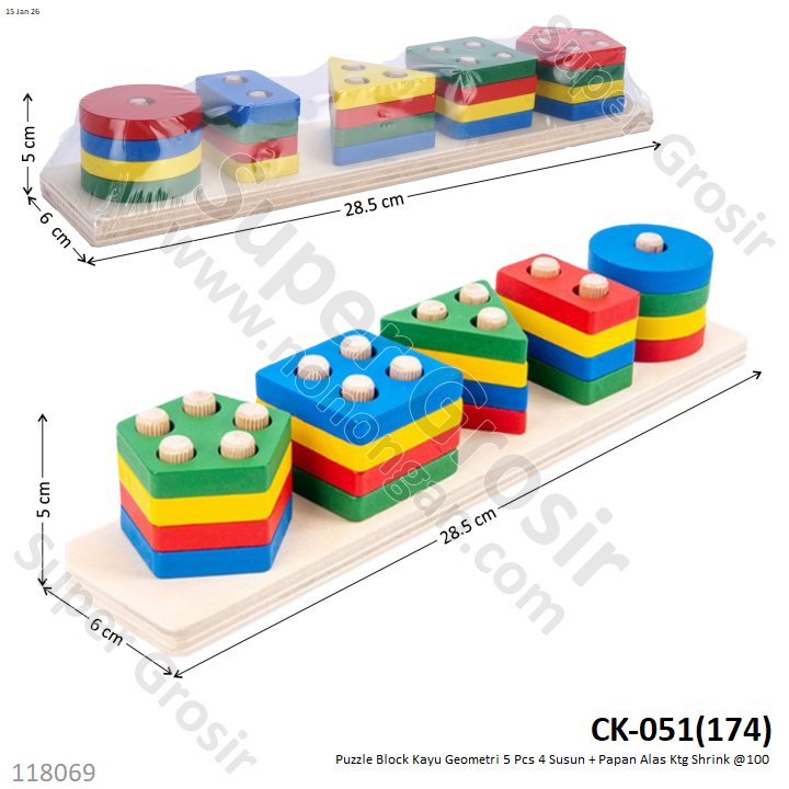 Puzzle Block Kayu Geometri 5 Pcs 4 Susun + Papan Alas Ktg Shrink @100