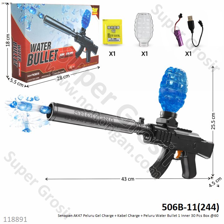Senapan AK47 Peluru Gel Charge + Kabel Charge + Peluru Water Bullet 1 Inner 30 Pcs Box @60