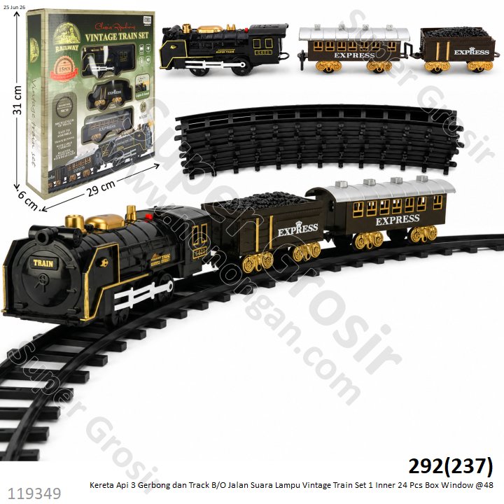 Kereta Api 3 Gerbong dan Track B/O Jalan Suara Lampu Vintage Train Set 1 Inner 24 Pcs Box Window @48