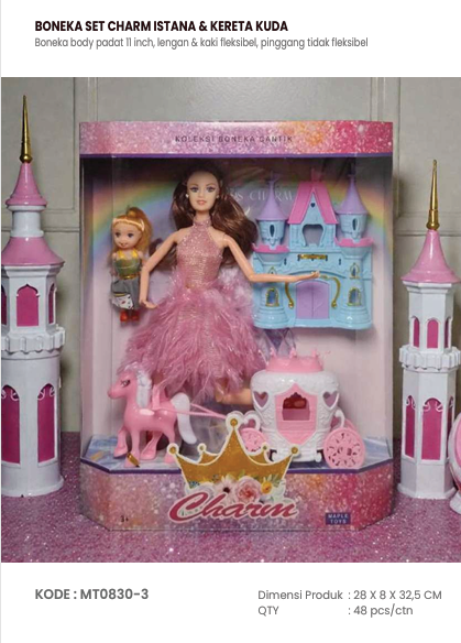 Boneka Barbie Set Anak + Kereta Kuda dan Istana Lengan Tekuk Charm Box Window @48