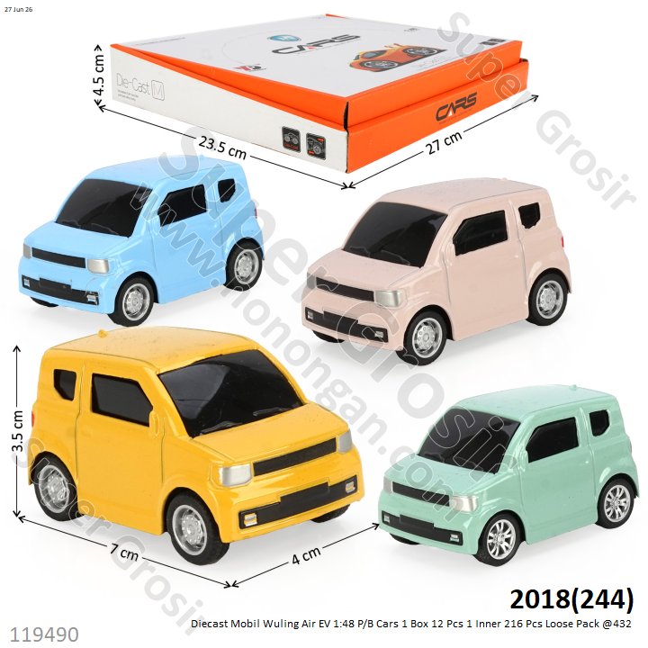 Diecast Mobil Wuling Air EV 1:48 P/B Cars 1 Box 12 Pcs 1 Inner 216 Pcs Loose Pack @432