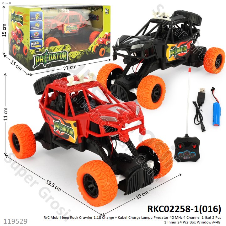 R/C Mobil Jeep Rock Crawler 1:18 Charge + Kabel Charge Lampu Predator 40 MHz 4 Channel 1 Ikat 2 Pcs 1 Inner 24 Pcs Box Window @48