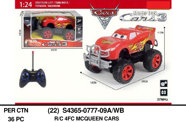 R/C Mobil Bigfoot Lightning McQueen The Cars 3 27 MHz 4 Channel Box Window @36