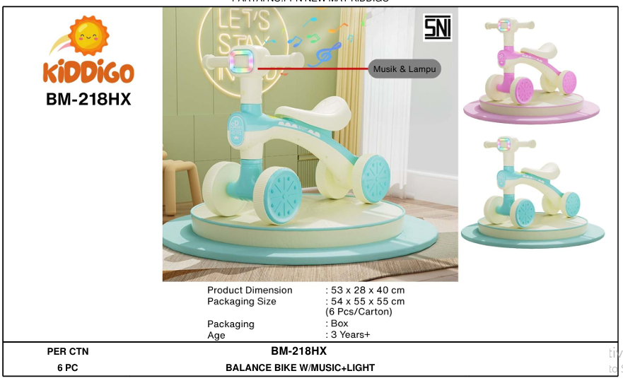 Tunggangan Sepeda Balance Bike B/O Musik Lampu Kiddigo 1 Inner 1 Pcs Box @6