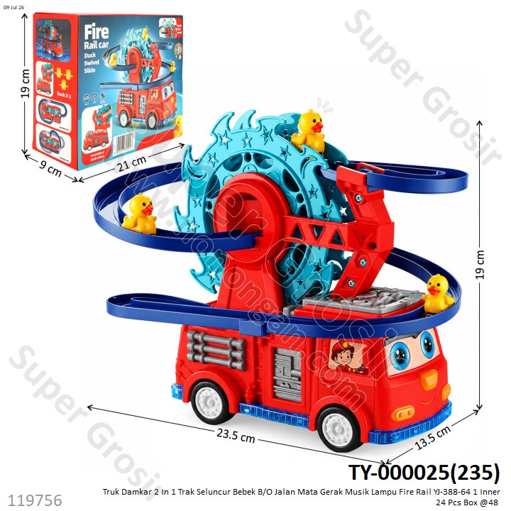 Truk Damkar 2 In 1 Track Seluncur Bebek B/O Jalan Mata Gerak Musik Lampu Fire Rail YJ-388-64 1 Inner 24 Pcs Box @48