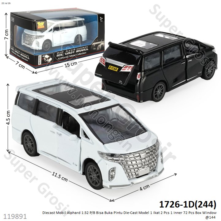 Diecast Mobil Alphard 1:32 P/B Bisa Buka Pintu Die-Cast Model 1 Ikat 2 Pcs 1 Inner 72 Pcs Box Window @144