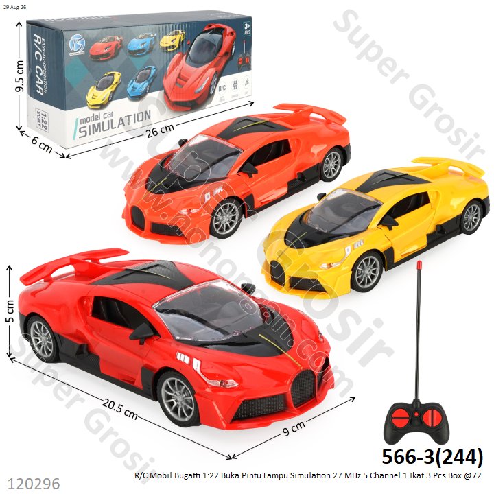 R/C Mobil Bugatti 1:22 Buka Pintu Lampu Simulation 27 MHz 5 Channel 1 Ikat 3 Pcs Box @72