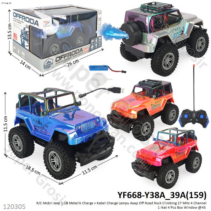 R/C Mobil Jeep 1:18 Metalik Charge + Kabel Charge Lampu Asap Off Road Rock Climbing 27 MHz 4 Channel 1 Ikat 4 Pcs Box Window @45