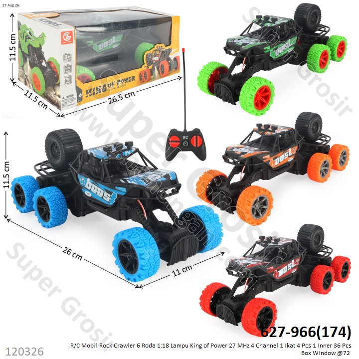 R/C Mobil Rock Crawler 6 Roda 1:18 Lampu King of Power 27 MHz 4 Channel 1 Ikat 4 Pcs 1 Inner 36 Pcs Box Window @72