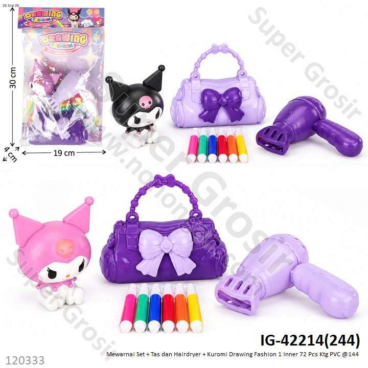 Mewarnai Set + Tas dan Hairdryer + Kuromi Drawing Fashion 1 Inner 72 Pcs Ktg PVC @144