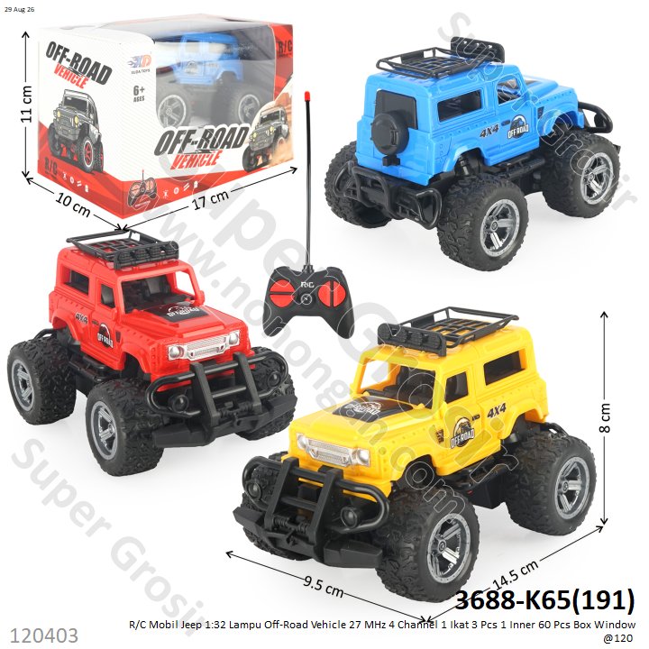 R/C Mobil Jeep 1:32 Lampu Off-Road Vehicle 27 MHz 4 Channel 1 Ikat 3 Pcs 1 Inner 60 Pcs Box Window @120
