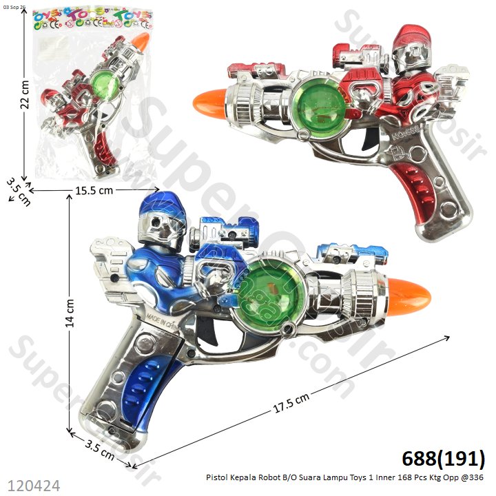 Pistol Kepala Robot B/O Suara Lampu Toys 1 Inner 168 Pcs Ktg Opp @336