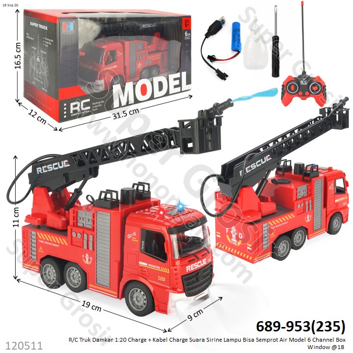 R/C Truk Damkar 1:20 Charge + Kabel Charge Suara Sirine Lampu Bisa Semprot Air Model 6 Channel Box Window @18