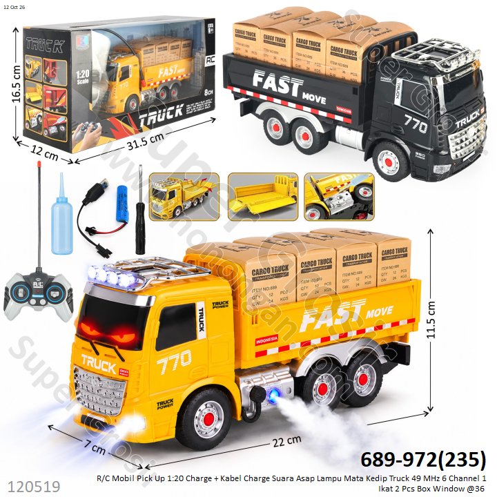 R/C Mobil Pick Up 1:20 Charge + Kabel Charge Suara Asap Lampu Mata Kedip Truck 49 MHz 6 Channel 1 Ikat 2 Pcs Box Window @36
