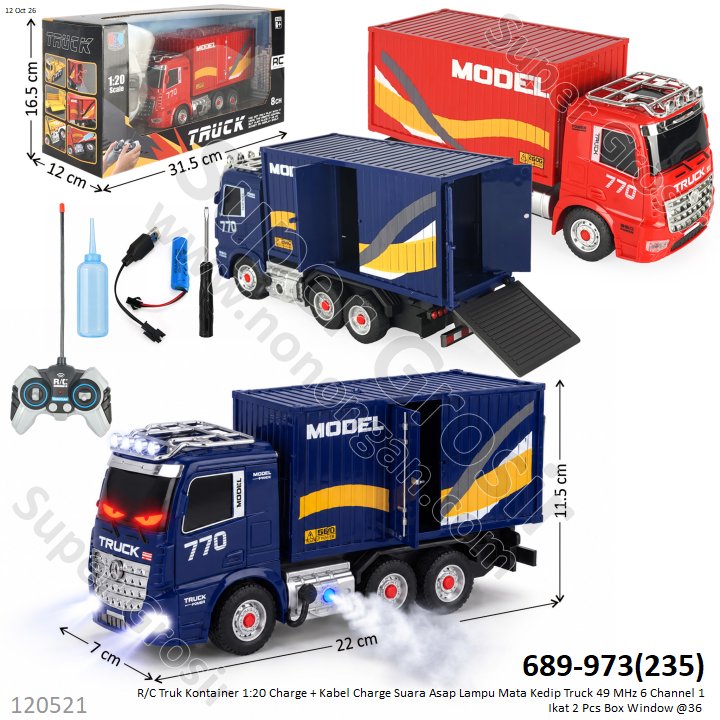 R/C Truk Kontainer 1:20 Charge + Kabel Charge Suara Asap Lampu Mata Kedip Truck 49 MHz 6 Channel 1 Ikat 2 Pcs Box Window @36