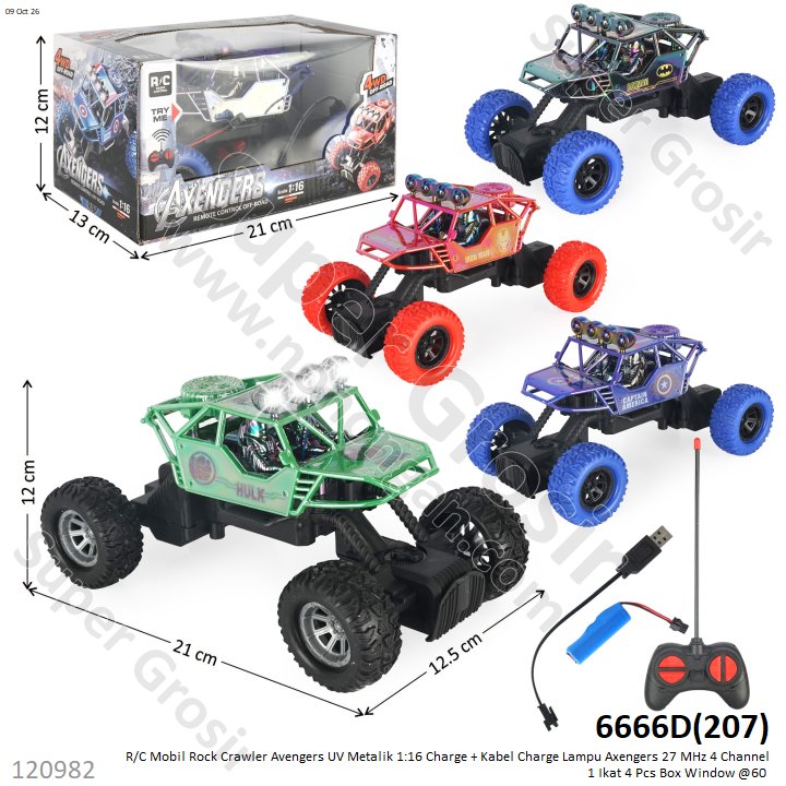 R/C Mobil Rock Crawler Avengers UV Metalik 1:16 Charge + Kabel Charge Lampu Axengers 27 MHz 4 Channel 1 Ikat 4 Pcs Box Window @60