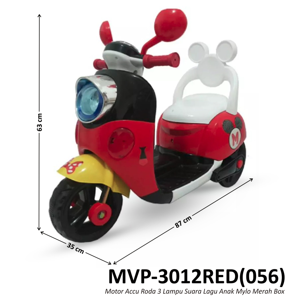 Sepeda Motor Aki Vespa Mickey Mouse Merah Lampu Suara Lagu + Remote Mylo Box @1