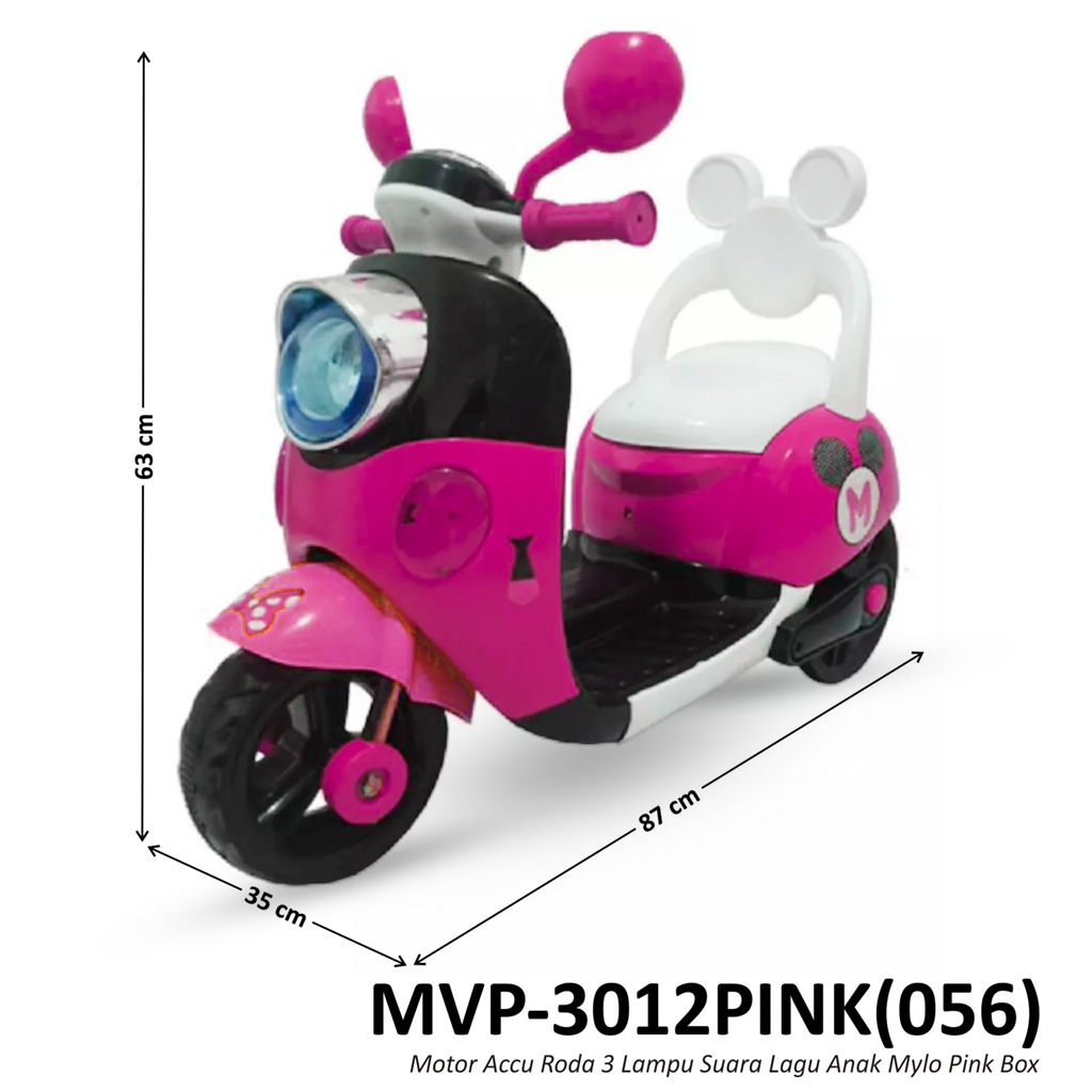 Tunggangan Sepeda Motor Aki Vespa Karakter Mickey Mouse Pink Lampu Suara Lagu + Remote Mylo Box @1