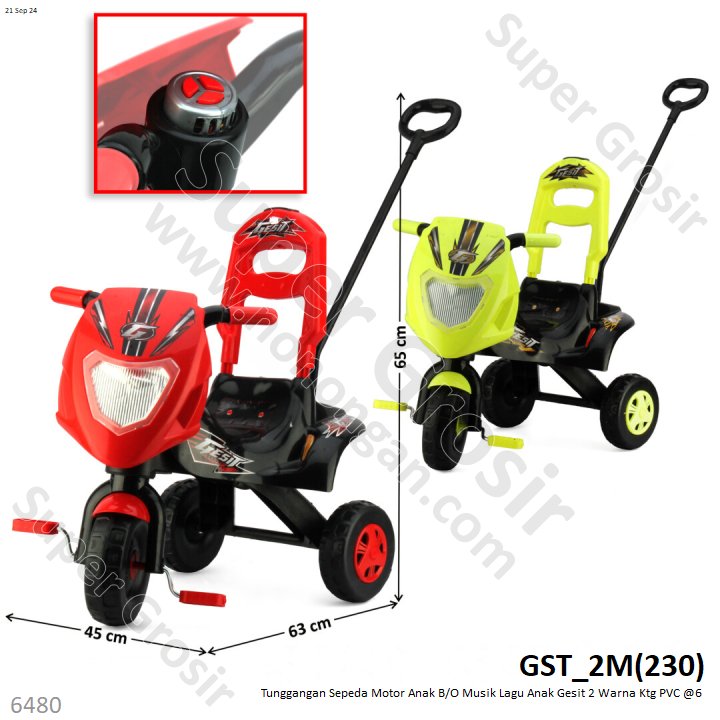 Tunggangan Sepeda Roda 3 Motor Dorong B/O Musik Lagu Anak Gesit 2 Warna Ktg PVC @6